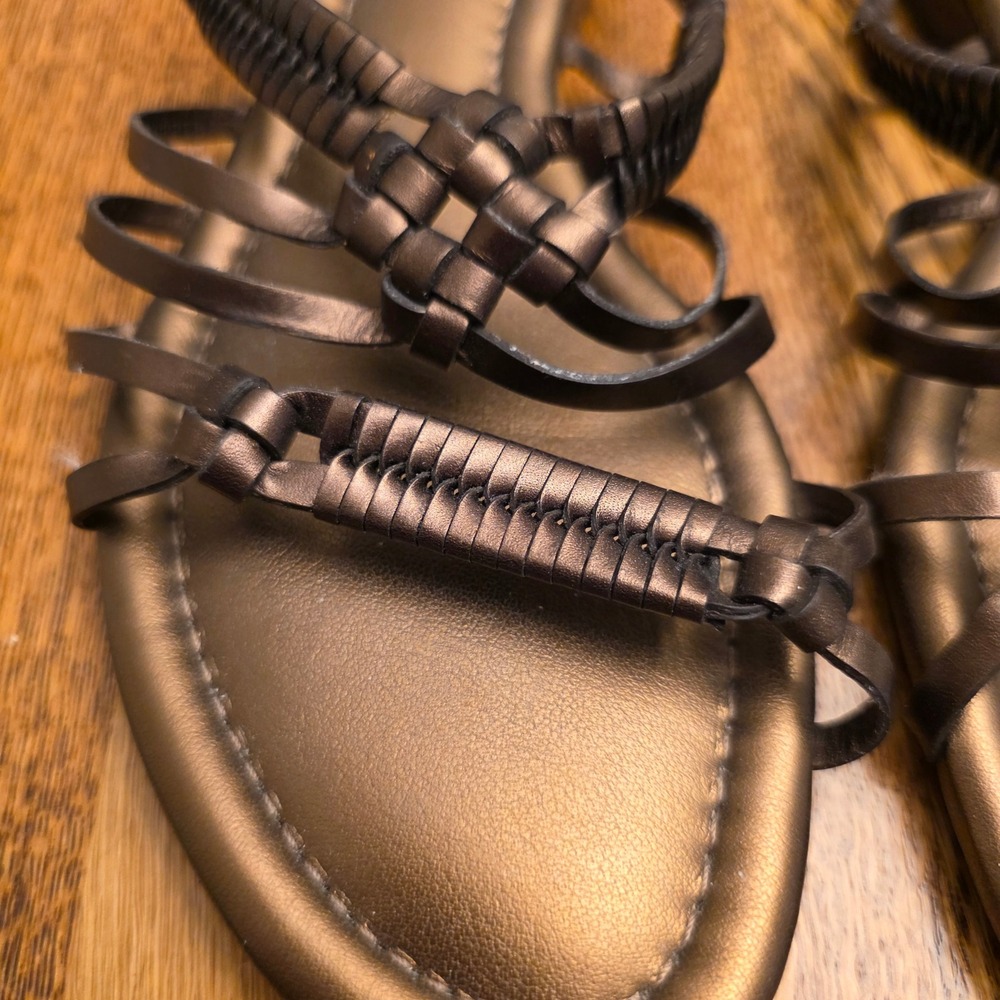 Talbots Bronze Metallic Strappy Woven Stacked Heel Flat Sandals Sz 6.5 Grecian - Picture 4 of 7